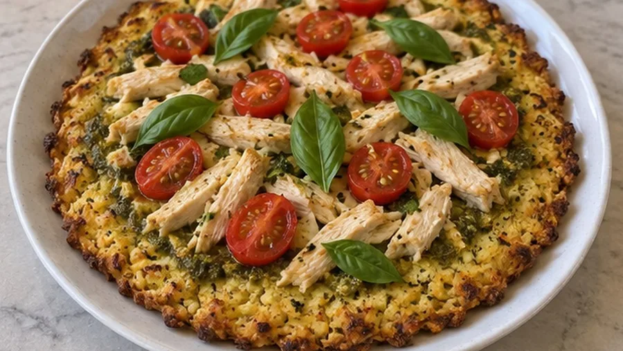 Pizza de couve-flor com frango e pesto