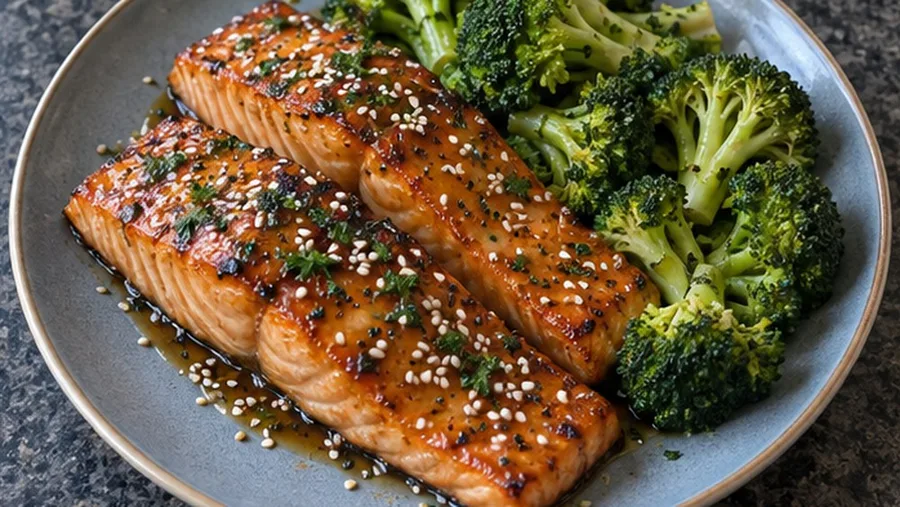 Salmão glaceado com gengibre e brócolis