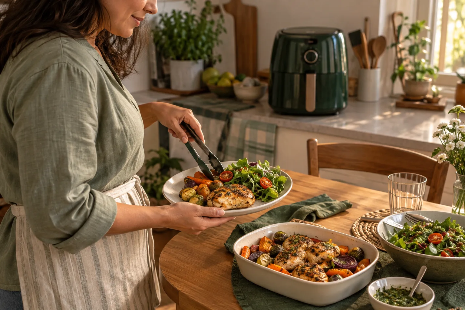 Mulher servindo uma refeição preparada na Air Fryer